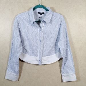 04175 Strut & Bolt blue & white striped triangle fringe L/S blouse M NWT